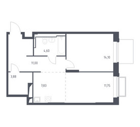 Планировка однокомнатной(квартира) площадью 53.2 квадратных метров в ЖК “ЖК Долина Яузы”