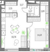 Планировка однокомнатной(квартира) площадью 46.15 квадратных метров в “ЖК Upside Towers (Апсайд Тауэрс)”