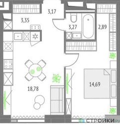 Планировка однокомнатной(квартира) площадью 46.15 квадратных метров в ЖК “ЖК Upside Towers (Апсайд Тауэрс)”