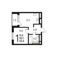 Планировка однокомнатной(квартира) площадью 33.4 квадратных метров в “Новые Ватутинки. Заречный”