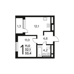 Планировка однокомнатной(квартира) площадью 33.4 квадратных метров в ЖК “Новые Ватутинки. Заречный”