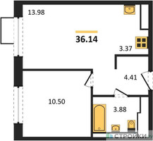 Планировка однокомнатной(квартира) площадью 36.14 квадратных метров в “ЖК Пятницкие луга”