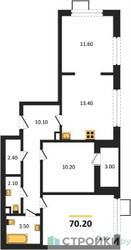 Планировка трехкомнатной(квартира) площадью 70.2 квадратных метров в ЖК “ЖК 1-й Донской (Первый Донской)”