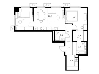 Планировка двухкомнатной(квартира) площадью 66.6 квадратных метров в ЖК “ЖК Никольские луга”
