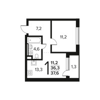 Планировка однокомнатной(квартира) площадью 37.6 квадратных метров в “Новые Ватутинки. Заречный”