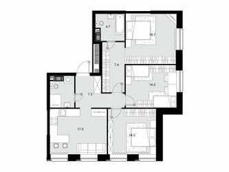 Планировка трехкомнатной(квартира) площадью 86.4 квадратных метров в ЖК “ЖК Трилогия Кристалл”