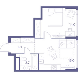 Планировка однокомнатной(квартира) площадью 37.4 квадратных метров в ЖК “ЖК THE LOT by Akvilon”