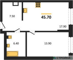 Планировка однокомнатной(квартира) площадью 45.7 квадратных метров в “Архитектурный проект U2 (ЮТУ)”