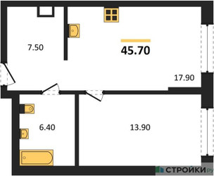 Планировка однокомнатной(квартира) площадью 45.7 квадратных метров в ЖК “Архитектурный проект U2 (ЮТУ)”