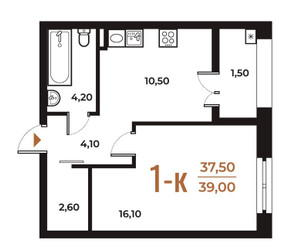 Планировка однокомнатной(квартира) площадью 38.8 квадратных метров в ЖК “ЖК Новое Летово”