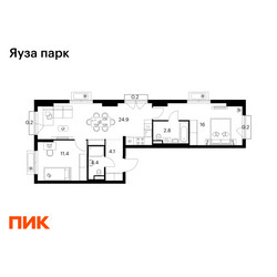 Планировка двухкомнатной(квартира) площадью 64.2 квадратных метров в ЖК “ЖК Яуза Парк (Мытищи)”