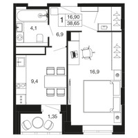 Планировка однокомнатной(квартира) площадью 38.7 квадратных метров в “ЖК Времена года”