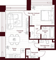 Планировка однокомнатной(квартира) площадью 49.4 квадратных метров в “ЖК Дом 7 Даниловский”