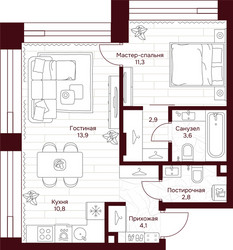 Планировка однокомнатной(квартира) площадью 49.4 квадратных метров в ЖК “ЖК Дом 7 Даниловский”