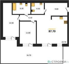 Планировка двухкомнатной(квартира) площадью 87.7 квадратных метров в ЖК “ЖК Прайм квартал Отрада на реке”