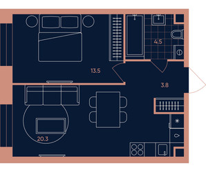 Планировка двухкомнатной(квартира) площадью 42.1 квадратных метров в ЖК “Квартал Эра”