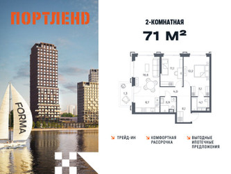 Планировка двухкомнатной(квартира) площадью 71 квадратных метров в ЖК “ЖК Портленд”