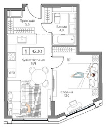 Планировка однокомнатной(квартира) площадью 42 квадратных метров в ЖК “ЖК Dream Riva (Дрим Рива)”