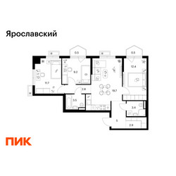 Планировка трехкомнатной(квартира) площадью 71.6 квадратных метров в ЖК “ЖК Ярославский”