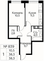 Планировка однокомнатной(квартира) площадью 38.3 квадратных метров в “ЖК Цветочные Поляны Сити”