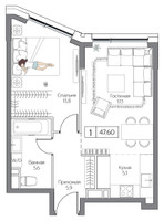 Планировка однокомнатной(квартира) площадью 47 квадратных метров в “ЖК Dream Riva (Дрим Рива)”