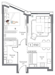 Планировка однокомнатной(квартира) площадью 47 квадратных метров в ЖК “ЖК Dream Riva (Дрим Рива)”