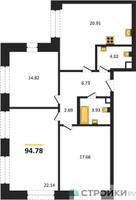 Планировка трехкомнатной(квартира) площадью 94.78 квадратных метров в “ЖК Sezar City (Сезар Сити)”