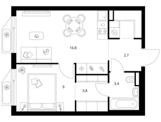 Планировка однокомнатной(квартира) площадью 39 квадратных метров в ЖК “ЖК Алтуфьевское 53”