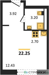 Планировка студии(квартира) площадью 22.25 квадратных метров в ЖК “Квартал Ивакино”