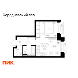 Планировка однокомнатной(квартира) площадью 34.1 квадратных метров в ЖК “ЖК Середневский лес”