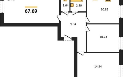 Планировка трехкомнатной(квартира) площадью 67.69 квадратных метров в ЖК “ЖК Парк Апрель”