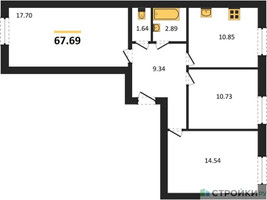 Планировка трехкомнатной(квартира) площадью 67.69 квадратных метров в “ЖК Парк Апрель”