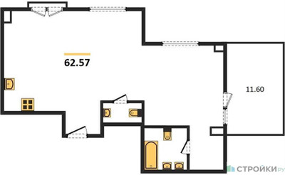 Планировка однокомнатной(квартира) площадью 62.57 квадратных метров в ЖК “ЖК Дом Достижение”