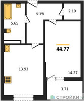 Планировка однокомнатной(квартира) площадью 44.77 квадратных метров в “ЖК Riga Hills (Рига Хиллс)”
