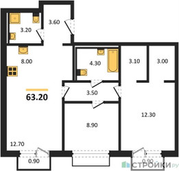 Планировка двухкомнатной(квартира) площадью 63.2 квадратных метров в ЖК “ЖК Равновесие”