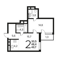 Планировка двухкомнатной(квартира) площадью 49.7 квадратных метров в “Новые Ватутинки. Заречный”