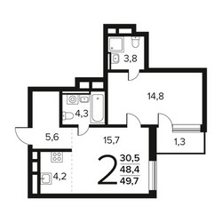 Планировка двухкомнатной(квартира) площадью 49.7 квадратных метров в ЖК “Новые Ватутинки. Заречный”