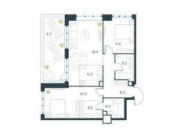 Планировка трехкомнатной(квартира) площадью 76.7 квадратных метров в “ЖК Левел Южнопортовая”