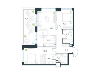 Планировка трехкомнатной(квартира) площадью 76.7 квадратных метров в ЖК “ЖК Левел Южнопортовая”