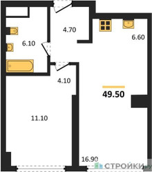 Планировка однокомнатной(квартира) площадью 49.5 квадратных метров в ЖК “ЖК Very (Вери)”