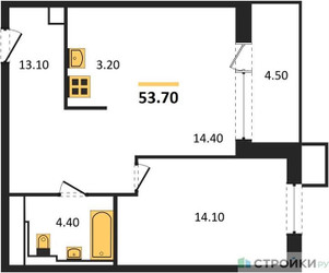 Планировка однокомнатной(квартира) площадью 53.42 квадратных метров в ЖК “ЖК Sky Sputnik (Скай Спутник)”