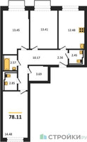 Планировка трехкомнатной(квартира) площадью 78.11 квадратных метров в “ЖК Квартал Марьино”