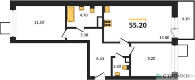 Планировка двухкомнатной(квартира) площадью 55.2 квадратных метров в ЖК “ЖК Никольский квартал Отрада”
