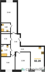 Планировка трехкомнатной(квартира) площадью 82.2 квадратных метров в ЖК “ЖК Детали”
