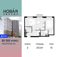 Планировка двухкомнатной(квартира) площадью 47.3 квадратных метров в “ЖК Новая Звезда (Газопровод)”