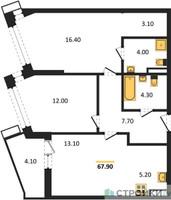 Планировка двухкомнатной(квартира) площадью 67.9 квадратных метров в “ЖК Дзен-кварталы”
