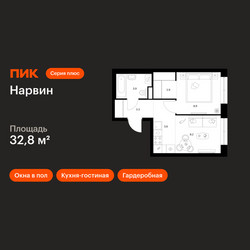Планировка однокомнатной(квартира) площадью 32.8 квадратных метров в ЖК “Нарвин”