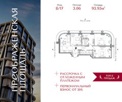 Планировка трехкомнатной(квартира) площадью 93.95 квадратных метров в “ЖК Преображенская Площадь”