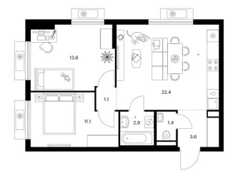 Планировка двухкомнатной(квартира) площадью 56.1 квадратных метров в ЖК “ЖК Белая Дача парк”