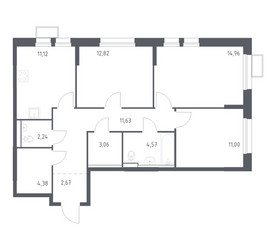 Планировка трехкомнатной(квартира) площадью 77.1 квадратных метров в ЖК “ЖК Квартал Ивакино”